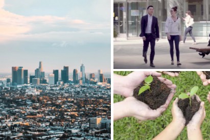 Collage of city, team members, and planting trees