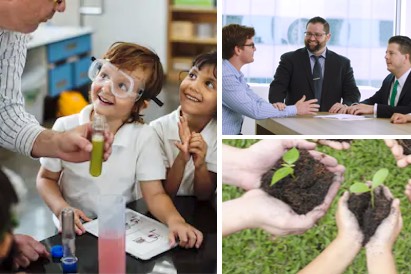 Collage of philanthropy images: children in science class, Thorofare team members planning an event, and planting trees