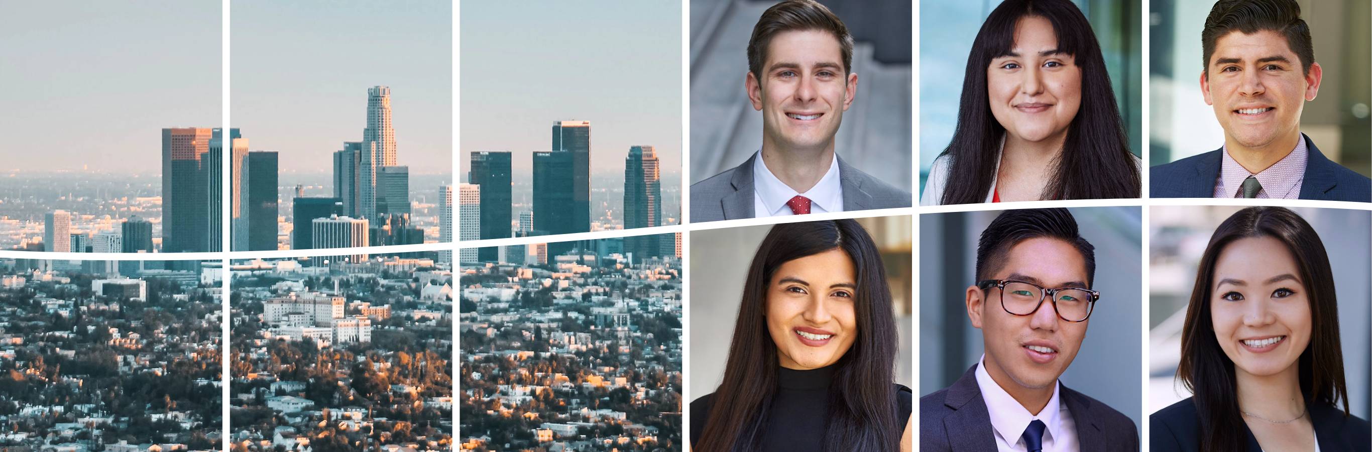 Collage of Los Angeles skyline and a diverse group of team members